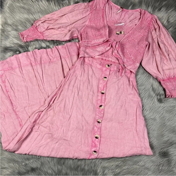 Free People String Of Hearts Maxi Dress Smocked Buttondown Cutout Pink - Picture 3 of 15